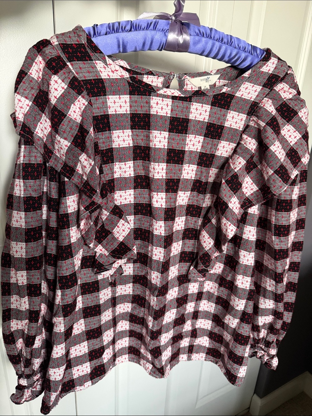 Terra & Sky Black & White Plaid Ruffle Blouse with Red Stitching